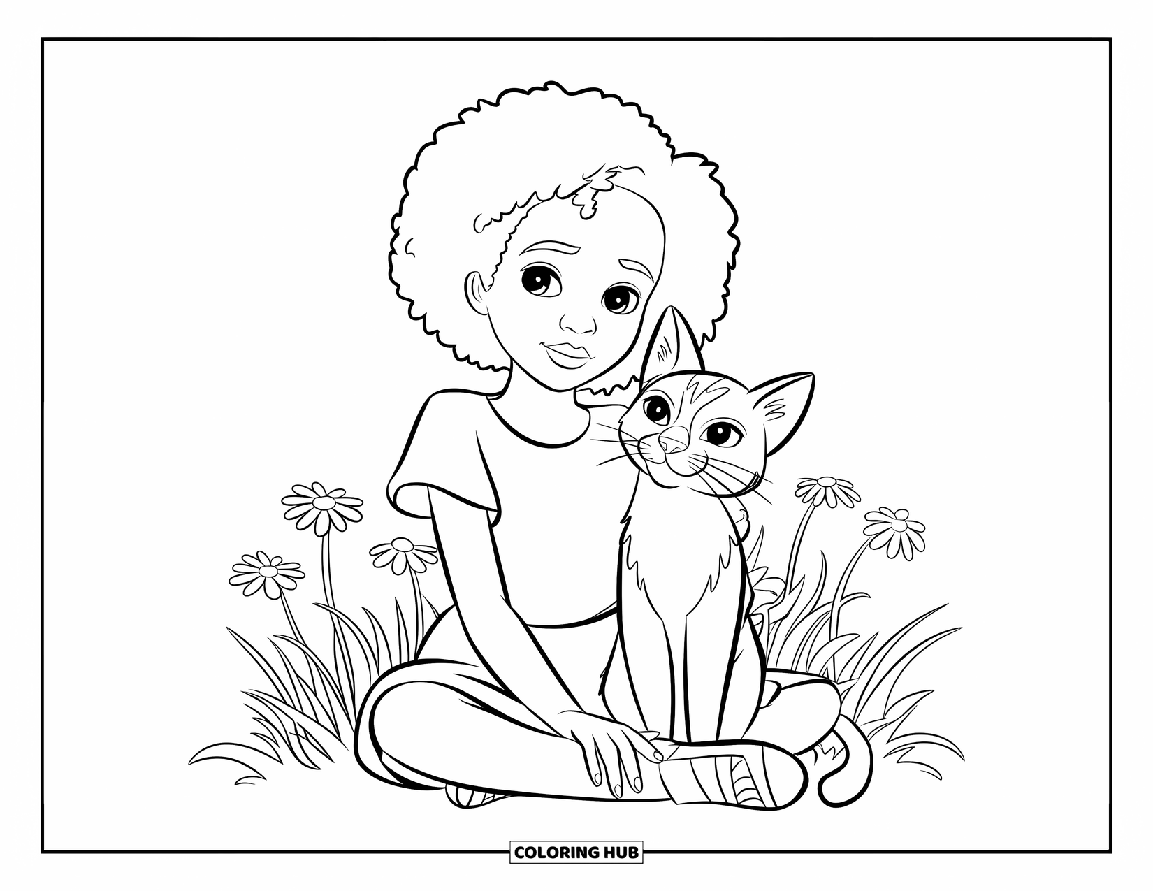 Afro Black Girl Coloring Page for Kids: A sweet girl with short curls pets a cat in a field of flowers