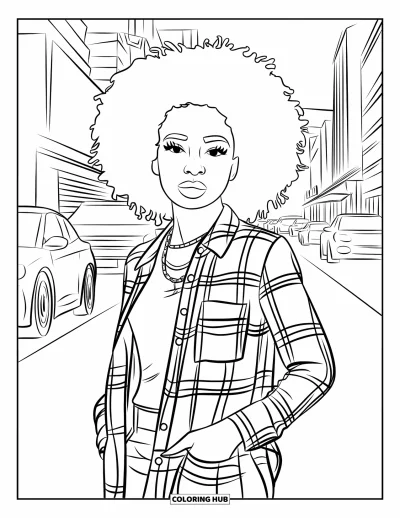 Dibujo de chicas negras con afro para colorear para niños: Una chica con estilo luce una camisa a cuadros en una calle de la ciudad