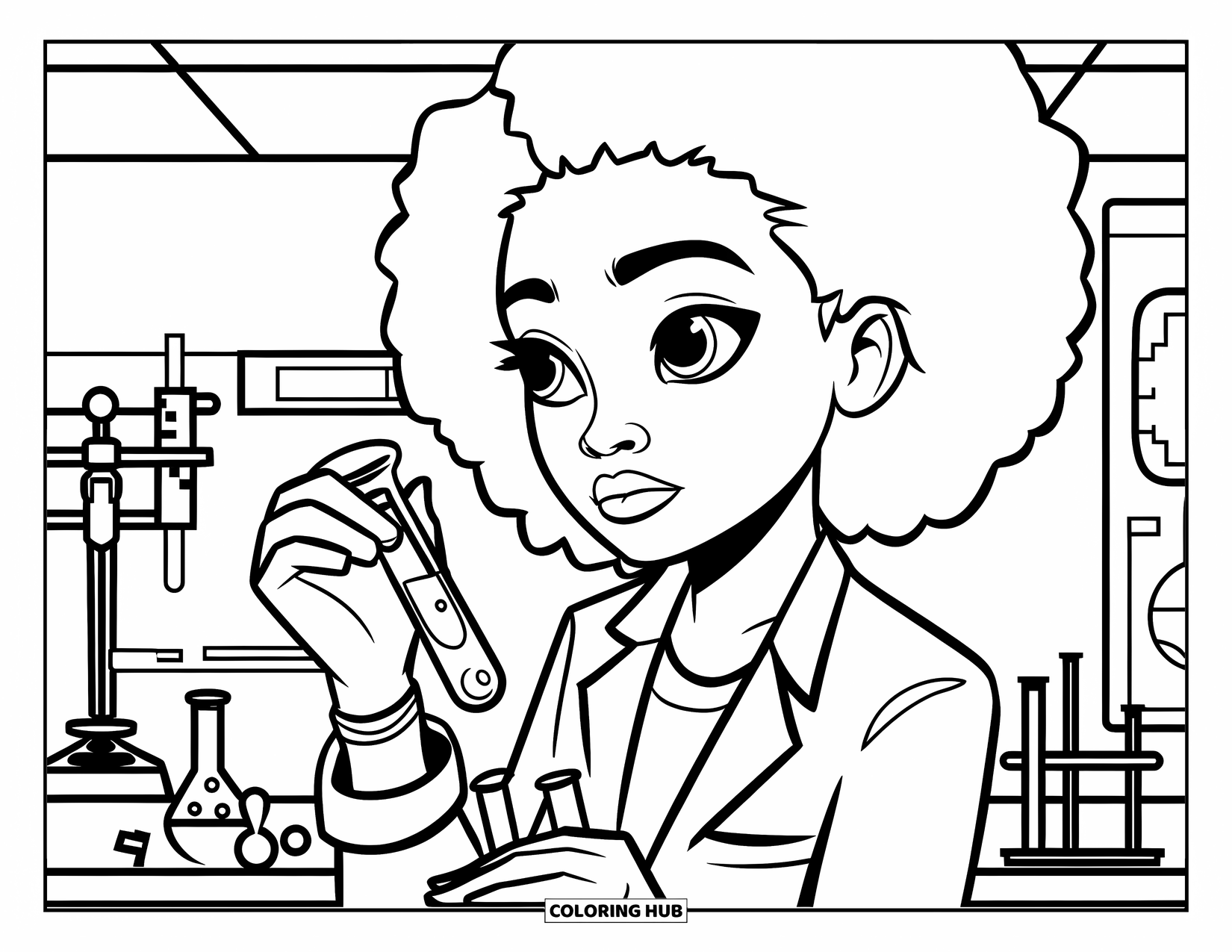 Afro Black Girl Coloring Page for Kids: An Afro girl in a lab coat studies a test tube in a science lab