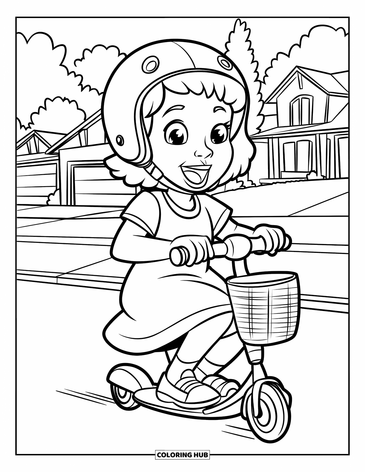 Afro Black Girl Coloring Page for Kids: An excited girl rides her scooter past houses and trees