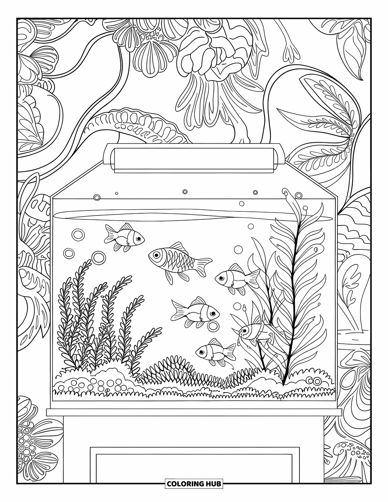 Aquarium Coloring Page for Adults: Aquarium with goldfish and plants rests beside detailed floral decorations