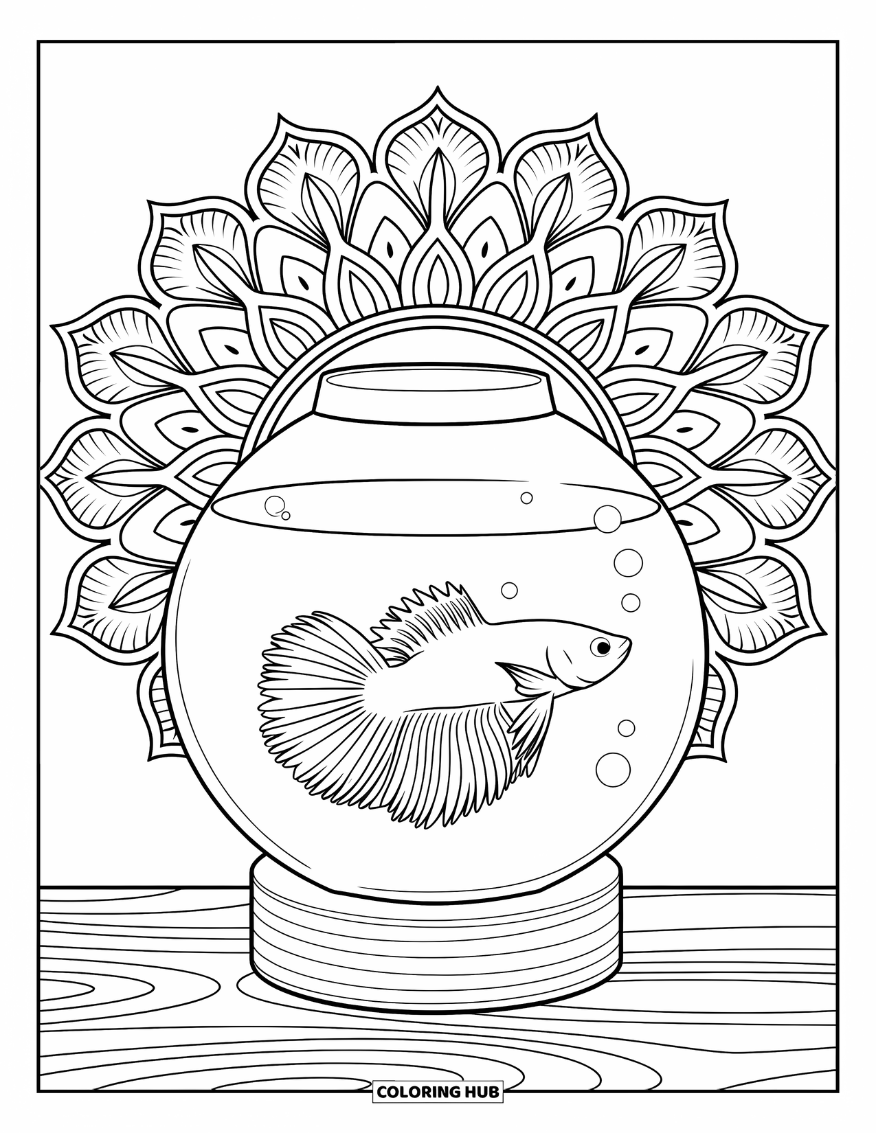 Aquarium Coloring Page for Adults: Betta fish floats in a tank framed by intricate botanical mandala patterns