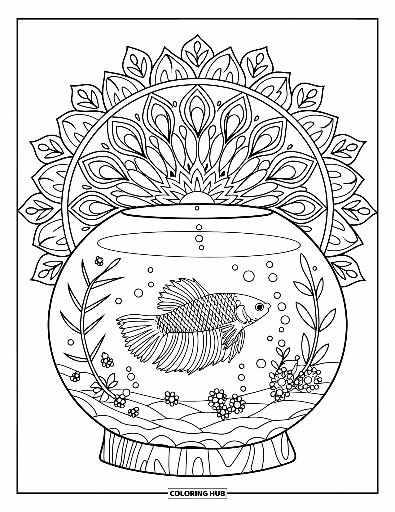 Aquarium Coloring Page for Adults: Betta fish glides in a tank set within a leafy mandala pattern