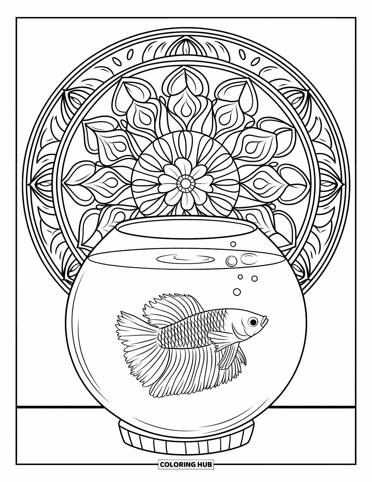 Aquarium Coloring Page for Adults: Betta fish swims in a tank surrounded by a circular floral mandala