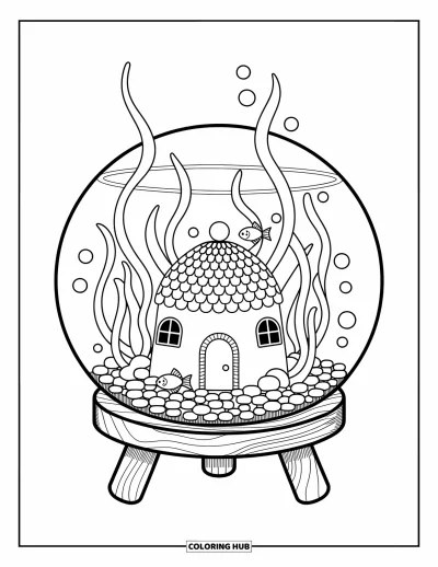 Desenho de aquário para colorir para adultos: Aquário circular com um castelo com cúpula, algas abraçadas e um peixe espiando