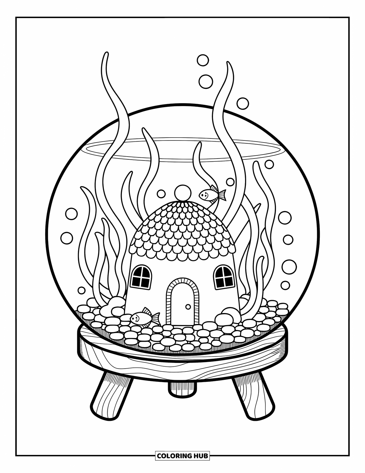 Aquarium Coloring Page for Adults: Circular tank with a domed castle, seaweed hugs, and a peeking fish