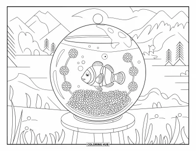 Desenho de aquário para colorir para adultos: Um peixe-palhaço repousa em um aquário redondo com padrões florais e vistas suaves de paisagem