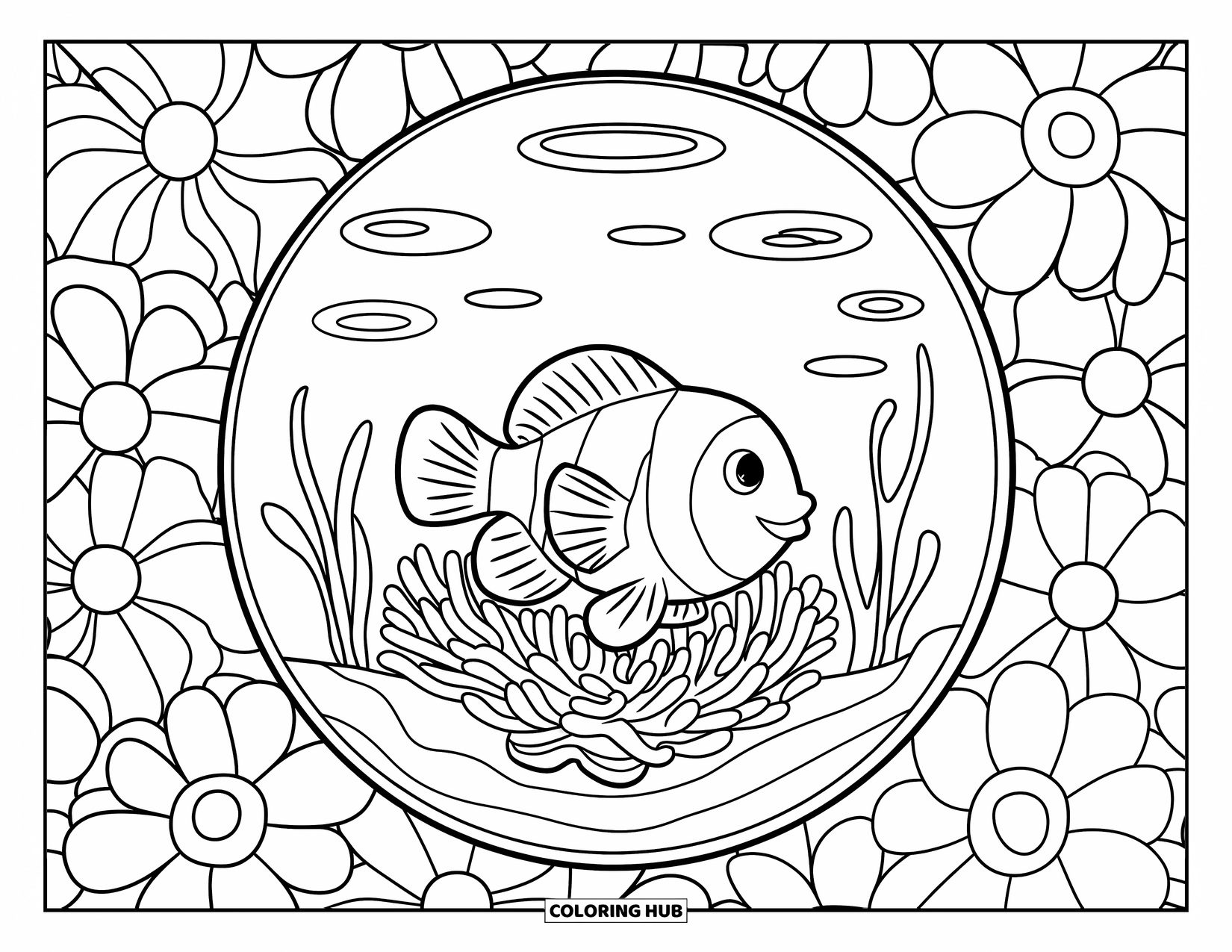 Aquarium Coloring Page for Adults: Clownfish swims in a flower-patterned tank surrounded by intricate blooms