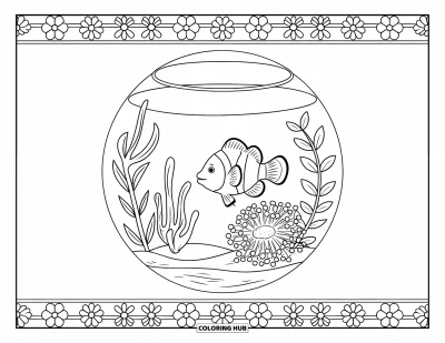 Desenho de aquário para colorir para adultos: Um peixe-palhaço nada perto de uma anêmona do mar em um aquário redondo com bordas florais