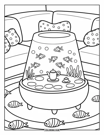 Desenho de aquário para colorir para adultos: Aquário de mesa de centro com peixes dourados nadando entre pedras e um pequeno jogo de chá