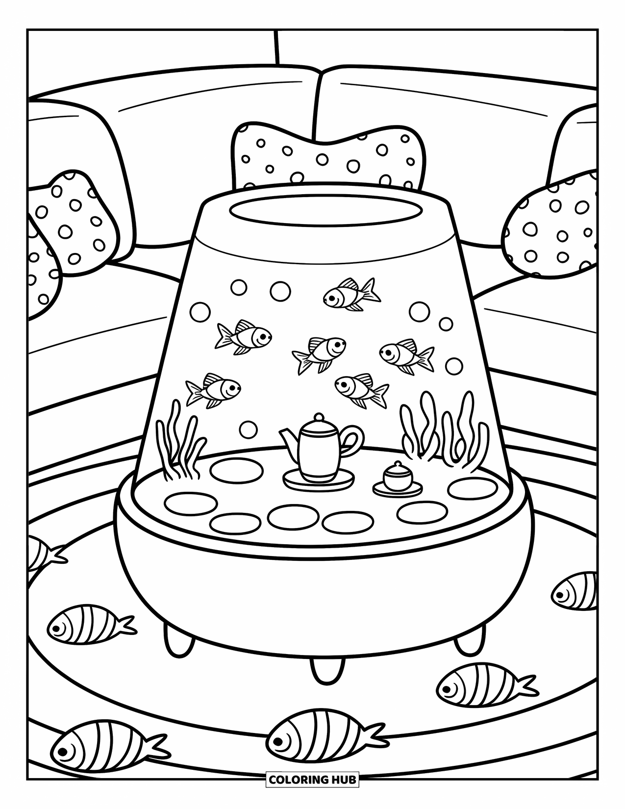 Aquarium Coloring Page for Adults: Coffee table aquarium with goldfish swimming past stones and a tiny tea set