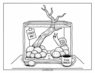 Desenho de aquário para colorir para adultos: Aquário acolhedor com toco de madeira, bolinhas de musgo e um caramujo de olhos grandes perto de um bilhetinho "Feed Me!"