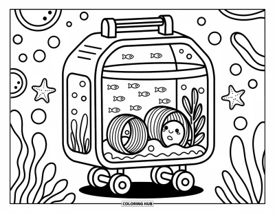 Desenho de aquário para colorir para adultos: Aquário fofo sobre rodas com cantos folhosos e padrões de bolhas e estrelinhas do mar