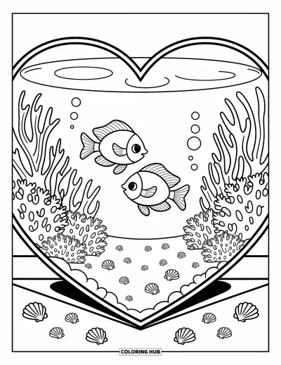 Desenho de aquário para colorir para adultos: Peixinhos fofos nadam em um aquário em formato de coração cheio de coral e conchas do mar