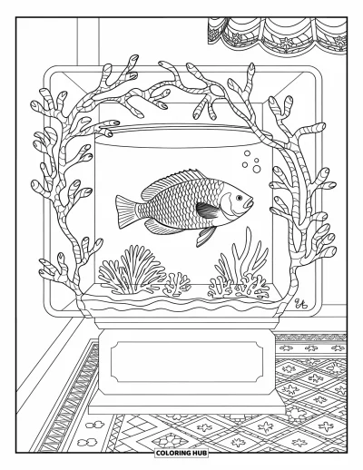 Desenho de aquário para colorir para adultos: Um aquário cúbico elegante abriga um peixe tropical perto de um abajur aconchegante e um tapete