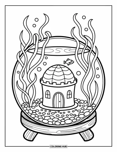 Desenho de aquário para colorir para adultos: Peixes e bolhas cercam um pequeno castelo em um aquário redondo de mesa charmoso