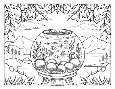 Desenho de aquário para colorir para adultos: Peixes e bolinhas de musgo preenchem uma tigela de cristal emoldurada por folhas de vitral