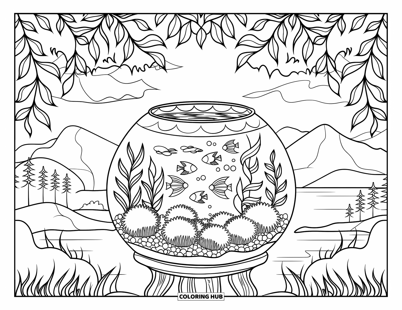 Aquarium Coloring Page for Adults: Fish and moss balls fill a crystal bowl framed by stained glass leaves