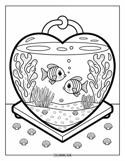 Desenho de aquário para colorir para adultos: Peixes deslizam pelo coral em um aquário em forma de coração salpicado de pequenas conchas