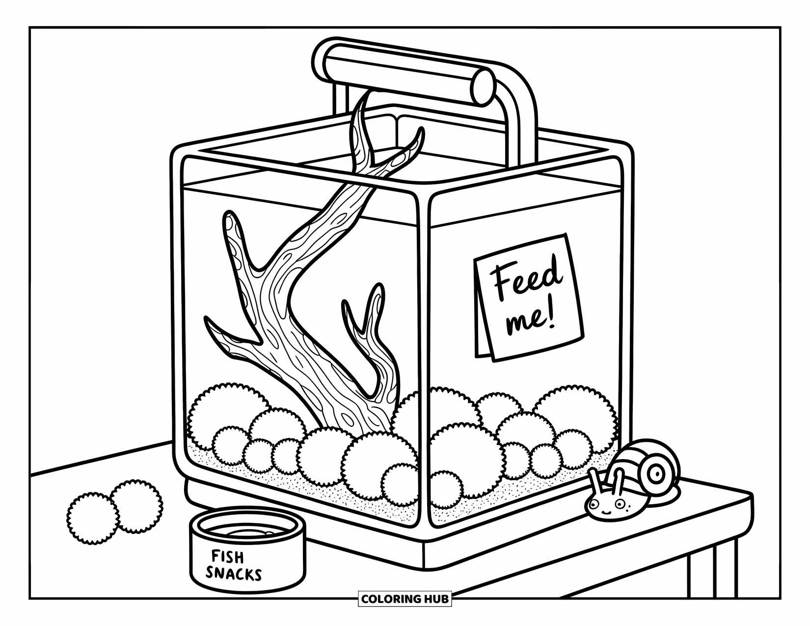 Aquarium Coloring Page for Adults: Forest-like tank with a snail, moss balls, and a cup labeled "Fish Snacks"