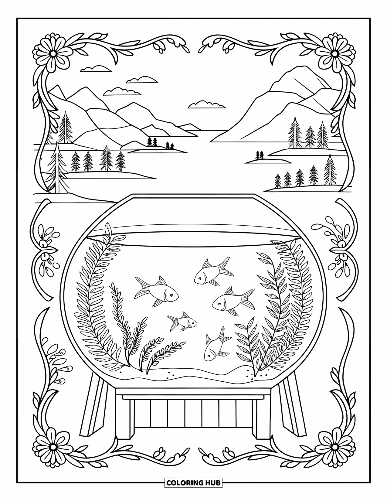 Aquarium Coloring Page for Adults: Goldfish explore a plant-filled tank surrounded by ornate floral frames
