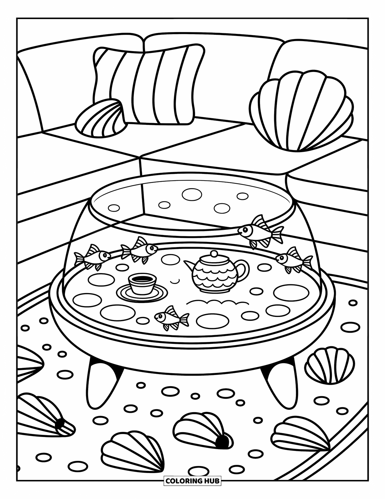 Aquarium Coloring Page for Adults: Goldfish glide over a tea set in a living room coffee table aquarium