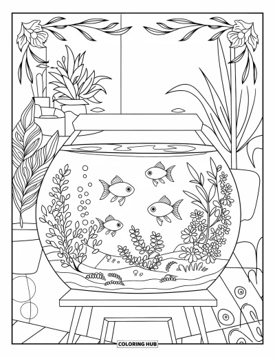 Desenho de aquário para colorir para adultos: Peixes dourados nadam entre plantas em um aquário emoldurado com desenhos florais
