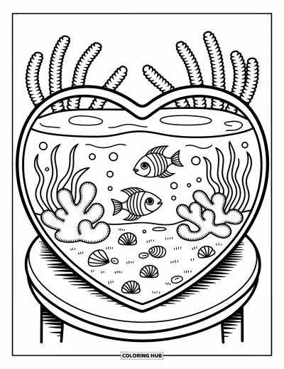 Desenho de aquário para colorir para adultos: Aquário em forma de coração com peixes brincalhões, coral fofo e um caminho de conchas