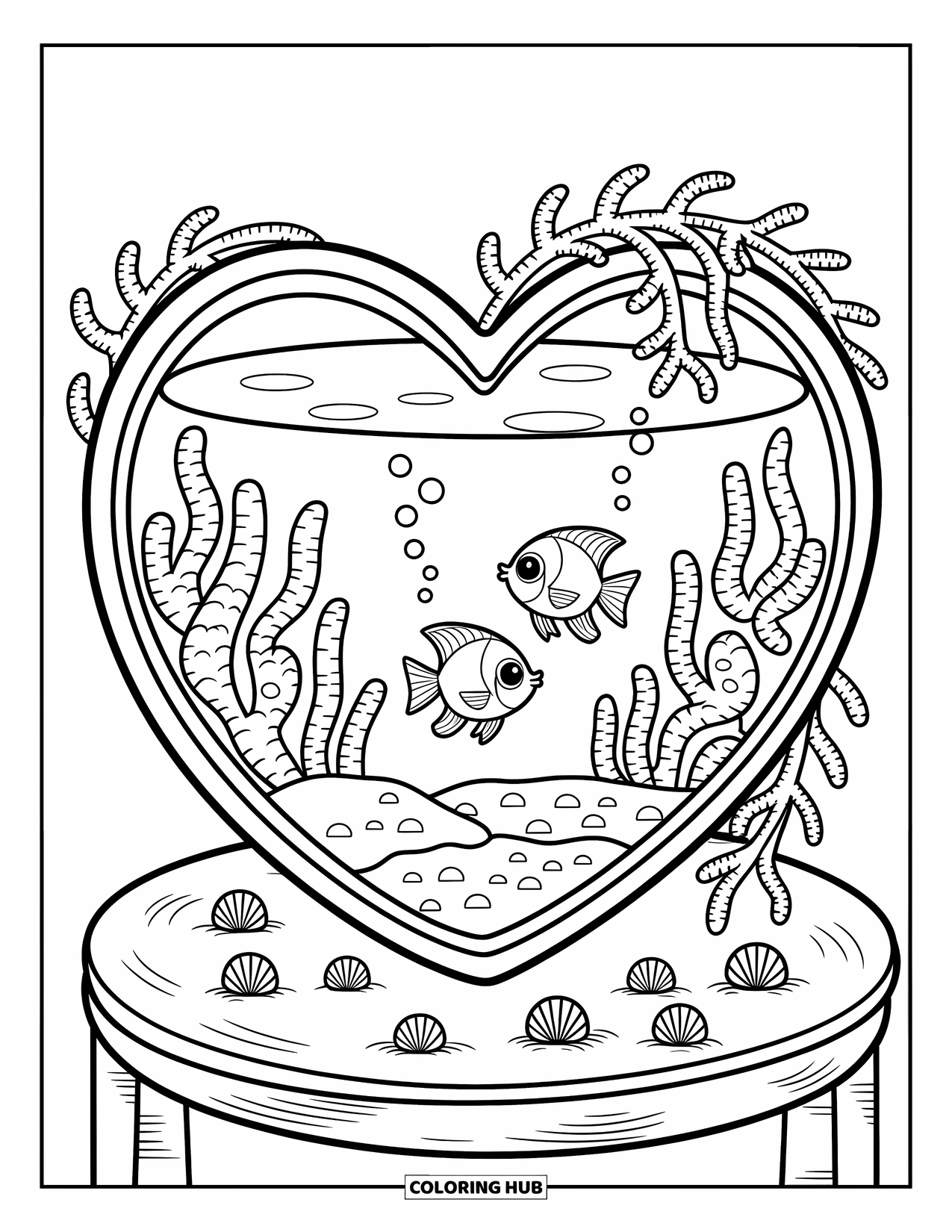 Aquarium Coloring Page for Adults: Heart-shaped tank with bubbly fish and coral bushes on a cozy tabletop