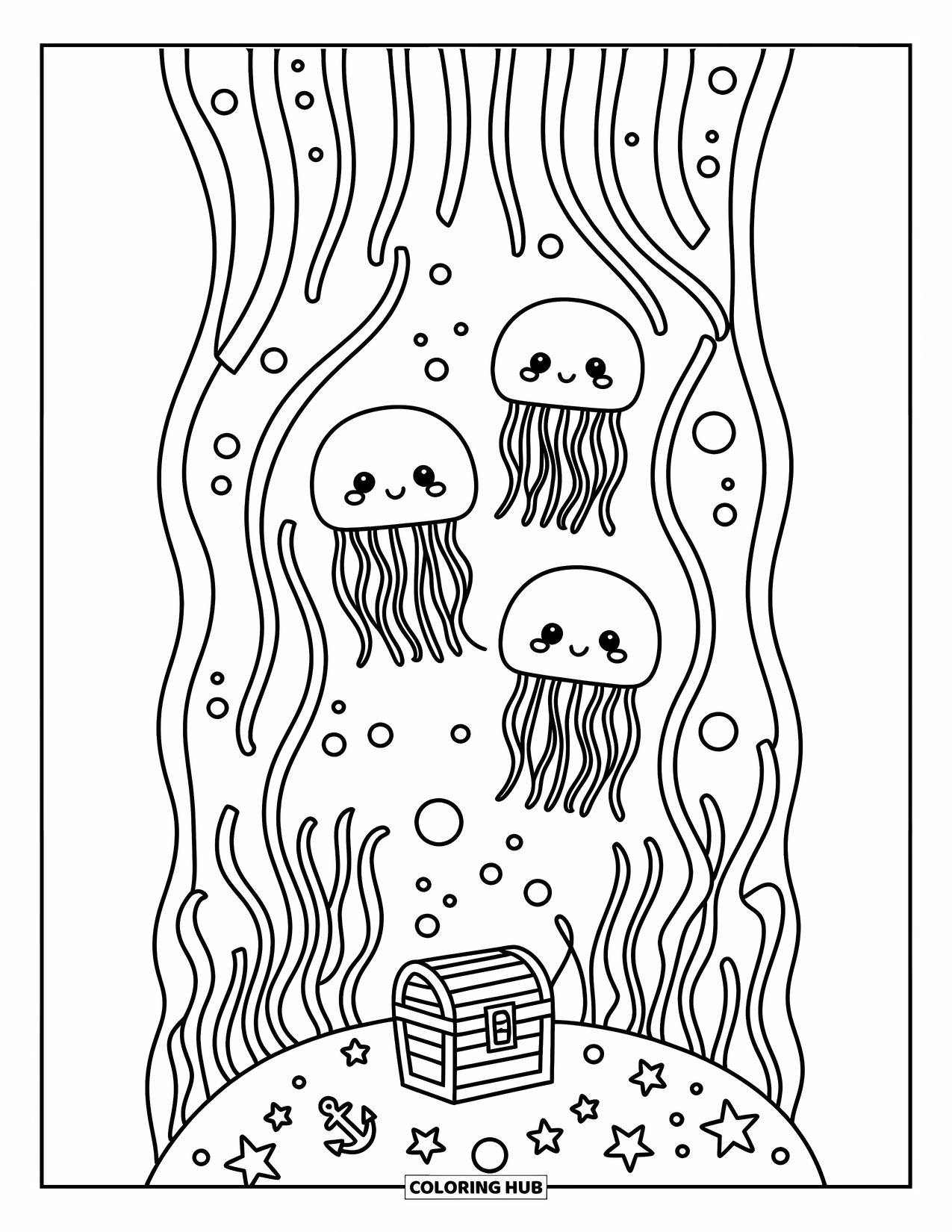 Aquarium Coloring Page for Adults: Jellyfish drift above seaweed and treasure in a narrow aquarium full of charm