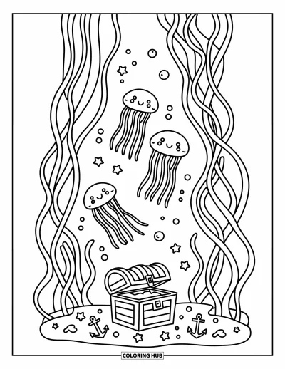 Desenho de aquário para colorir para adultos: Águas-vivas flutuam entre trepadeiras acima de um baú do tesouro em um aquário alto e estreito