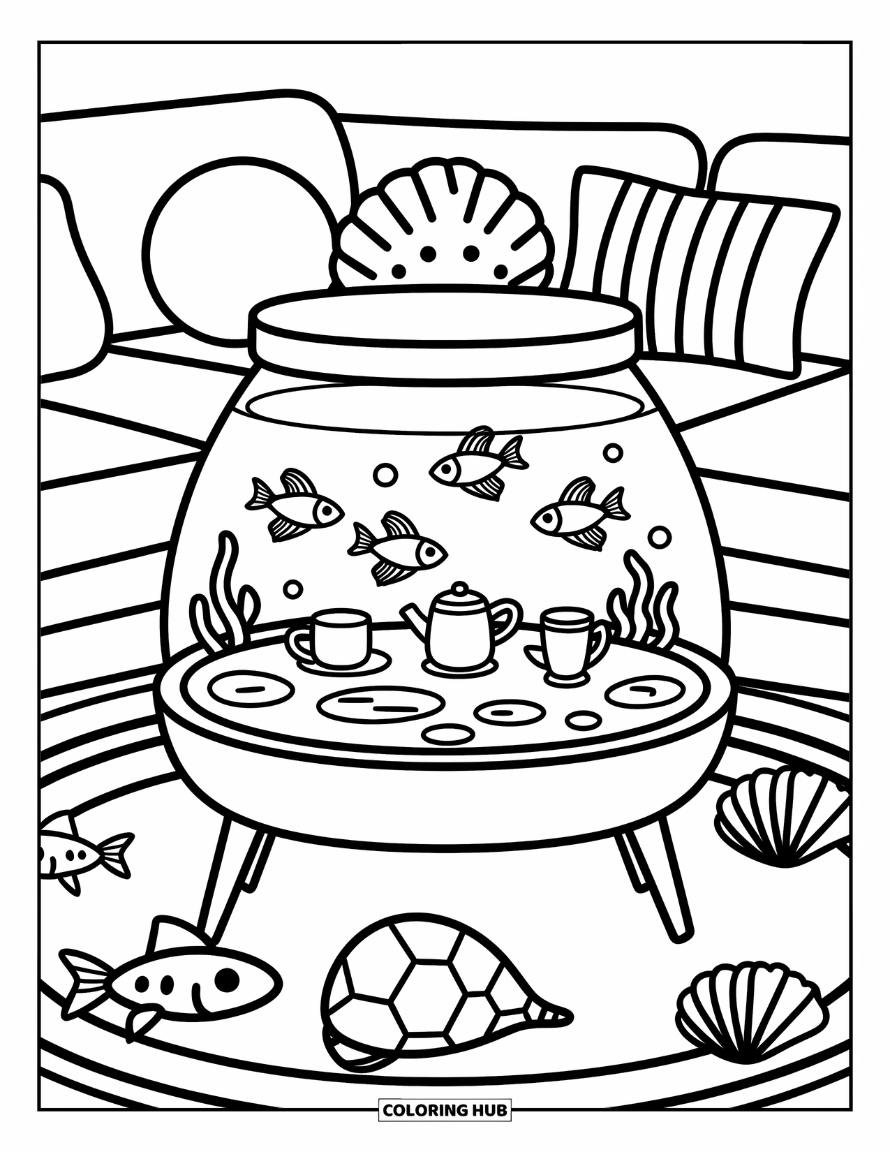 Aquarium Coloring Page for Adults: Living room table doubles as a fish tank with goldfish and playful cushions