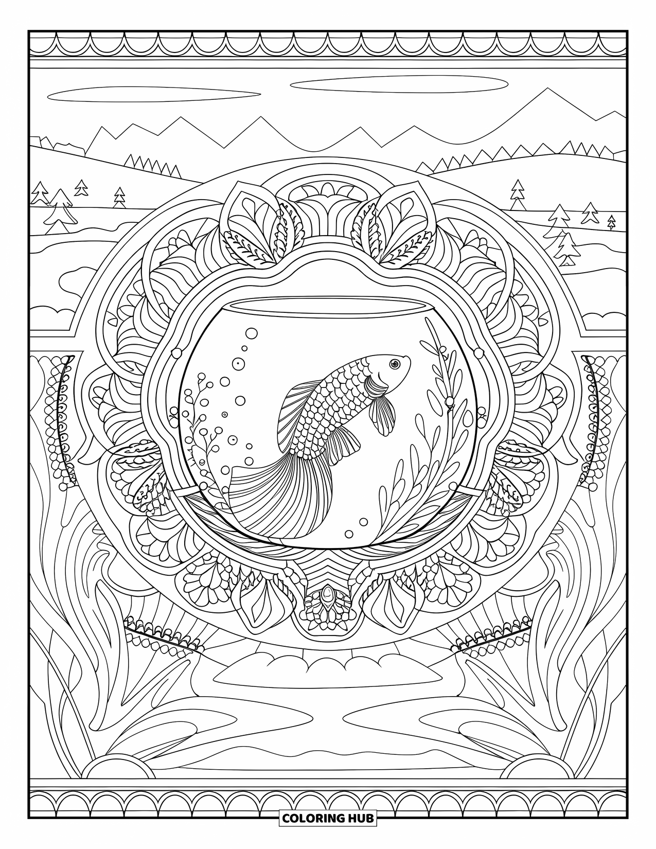 Aquarium Coloring Page for Adults: Mandala blooms surround a betta fish in a glass tank with a calm view