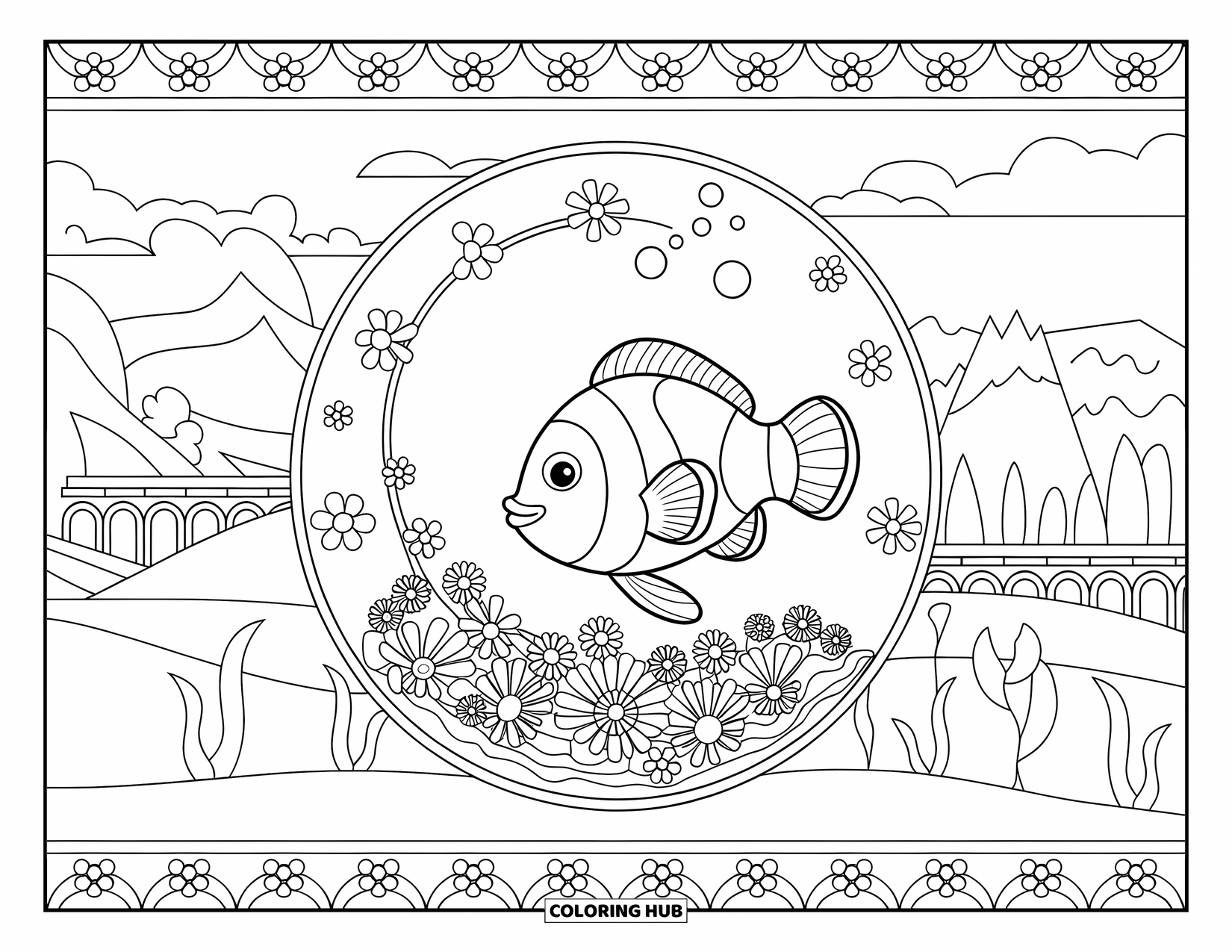 Aquarium Coloring Page for Adults: Peaceful clownfish floats in a round tank with mountain scenery and floral edges