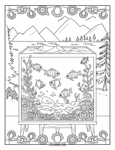 Desenho de aquário para colorir para adultos: Aquário retangular com tetras e pedras em uma cena tranquila emoldurada por flores