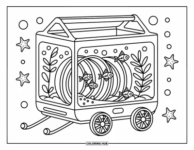 Desenho de aquário para colorir para adultos: Aquário sobre rodas com peixes alegres e desenhos fofos de bolhas e estrelas-do-mar