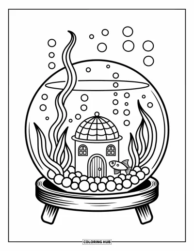 Desenho de aquário para colorir para adultos: Aquário redondo com um pequeno castelo, peixes curiosos e bolhas subindo
