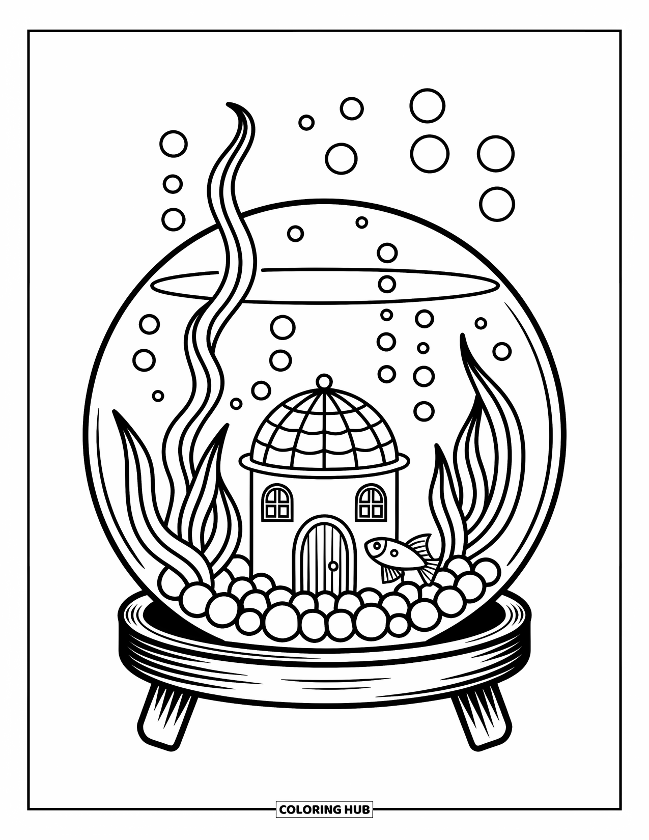 Aquarium Coloring Page for Adults: Round aquarium with a tiny castle, curious fish, and rising bubbles