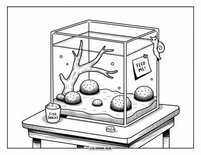 Desenho de aquário para colorir para adultos: Um caramujo sobe pela parede do aquário perto de um toco de madeira e um copo divertido com "Fish Snacks"