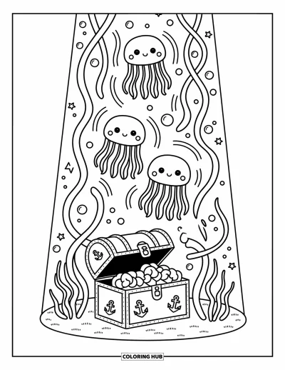 Desenho de aquário para colorir para adultos: Aquário alto com águas-vivas, algas e um pequeno baú do tesouro cercado de rabiscos decorativos
