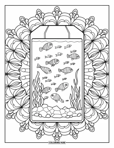 Desenho de aquário para colorir para adultos: Tetras e pedras de aquapaisagem dentro de um aquário retangular emoldurado por arte floral