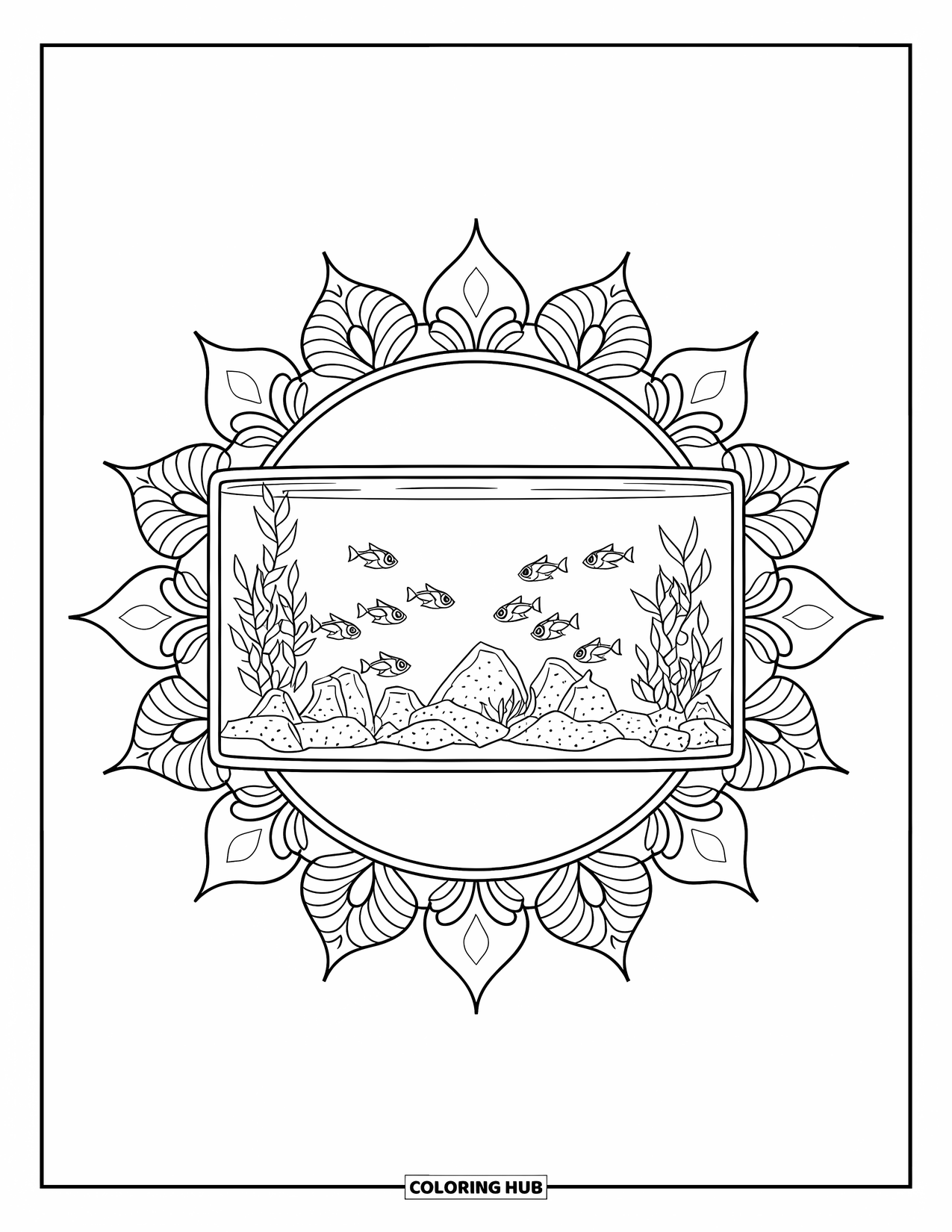 Aquarium Coloring Page for Adults: Tetras swim among rocks in a tank surrounded by floral mandalas