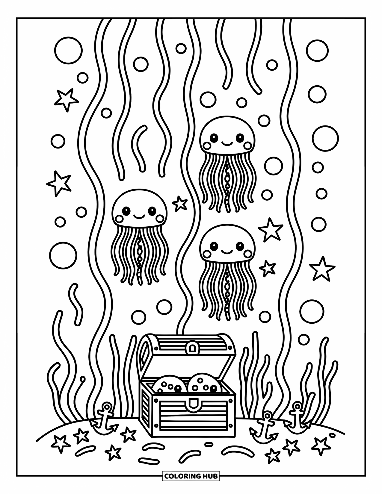 Aquarium Coloring Page for Adults: Treasure chest, jellyfish, and seaweed fill a tall tank with whimsical doodles