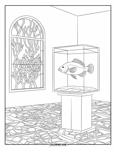 Desenho de aquário para colorir para adultos: Um peixe tropical nada em um aquário cúbico iluminado perto de vitrais coloridos