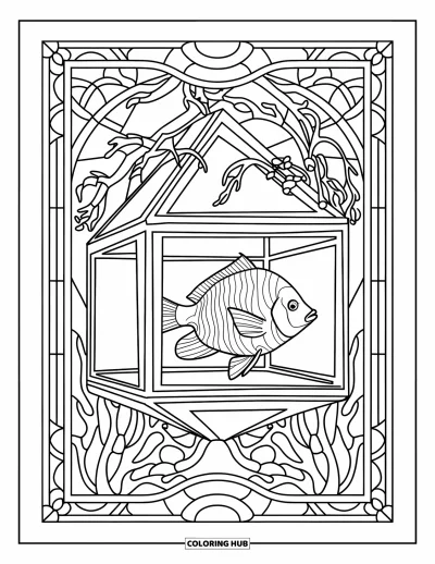 Desenho de aquário para colorir para adultos: Um peixe tropical nada em um aquário cúbico emoldurado por vitrais com trepadeiras de coral