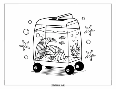 Desenho de aquário para colorir para adultos: Aquário sobre rodas com peixes brincalhões, cantos com folhagens e estrelas-do-mar decorativas