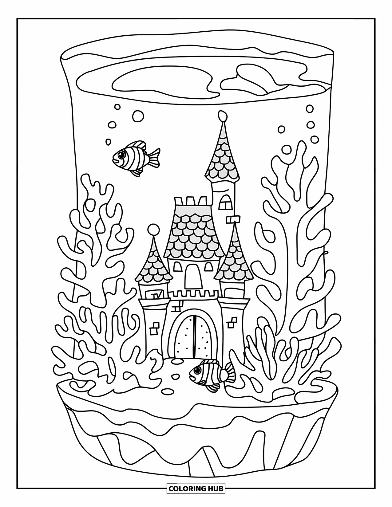 Aquarium Coloring Page for Kids: A castle and two fish sit quietly in a simple aquarium