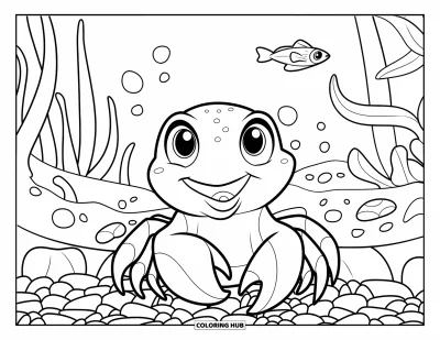 Desenho de aquário para colorir para crianças: Um carangueijinho bebê senta entre pedrinhas com pequenas criaturas marinhas ao redor
