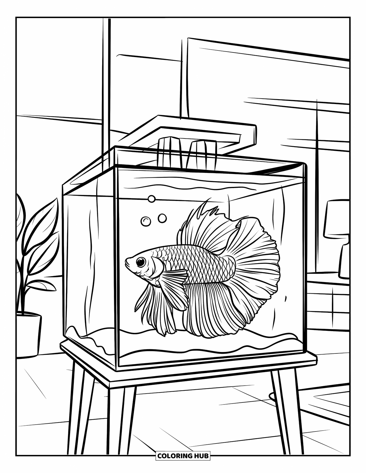Aquarium Coloring Page for Kids: Betta fish flares near a plant and lamp in a neat room