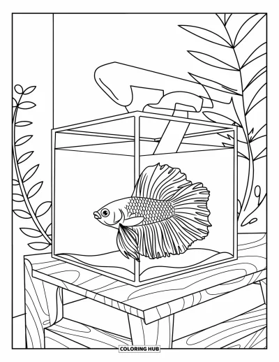 Desenho de aquário para colorir para crianças: Um betta se exibe em um aquário moderno e elegante